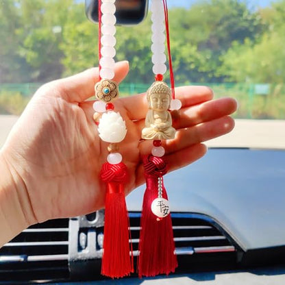 Buddha 백미러 액세서리 걸이용 참, 태슬이 있는 연민의 보살 자동차 걸이 장식, 여성/남성을 위한 귀여운 자동차 액세서리, Fo Bao Ping an - color: 레드
