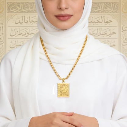 Islamic Necklace Double Sided Quran Book Muhammad Prophet Allah Pendant Arabic Calligraphy Ayatul Kursi Muslim Religious Jewelry Islam Eid Ramadan Gift for Men Women - color: gold