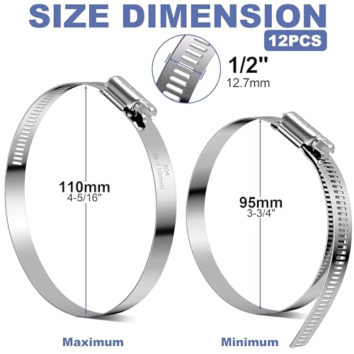 12Pack 4 inch Hose Clamps,Stainless Steel Large Hose Clamp Adjustable | from 3-3/4"-4-5/16"/95-110mm,Metal Worm Gear Duct Clamp for Dryer Vent Hose,Fuel Line,Plumbing,Automotive,Exhaust,Radiator - size: 4 inch (3-3/4" - 4-5/16")