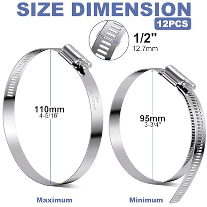 12Pack 4 inch Hose Clamps,Stainless Steel Large Hose Clamp Adjustable | from 3-3/4"-4-5/16"/95-110mm,Metal Worm Gear Duct Clamp for Dryer Vent Hose,Fuel Line,Plumbing,Automotive,Exhaust,Radiator - size: 4 inch (3-3/4" - 4-5/16")