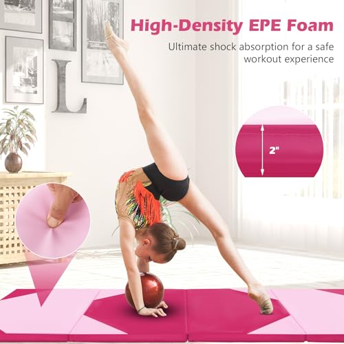 Goplus Folding Gymnastics Mat, 10’ x 4’ x 2’’ Thick Tumbling Mats with PU Leather, Hook & Loop Fasteners, Portable Handles, 4-Panel Exercise Mat for Home Gym Workouts, Yoga - color: Pink+Rose