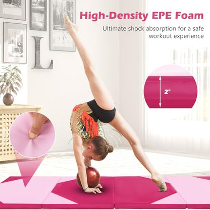 Goplus Folding Gymnastics Mat, 10’ x 4’ x 2’’ Thick Tumbling Mats with PU Leather, Hook & Loop Fasteners, Portable Handles, 4-Panel Exercise Mat for Home Gym Workouts, Yoga - color: Pink+Rose