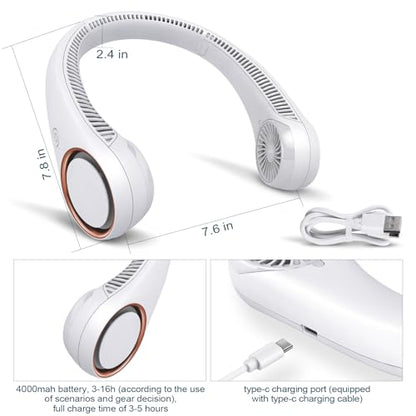 CIVPOWER Neck Fan: Portable Personal Neck Cooling Rechargeable Bladeless Fan - Hands Free 3 Speed 4000 mAh Battery USB Operated Wearable Headphone Design - Gift for Men Women Outdoor (White) - color: White