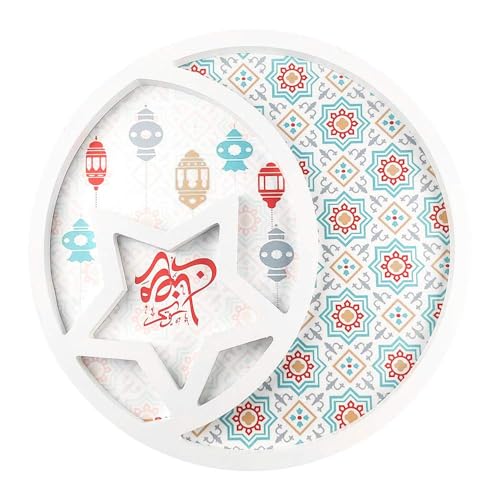 Ramadan Decorative Serving Tray, 11.8 inch Round Dessert Platter, Islamic Festival Moon Star Design, White