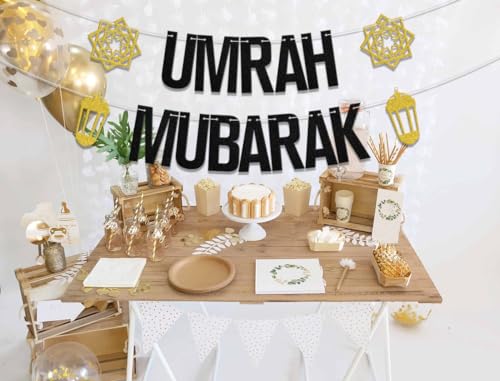 Umrah Mubarak Banner, Eid Party Decorations, Gold Black, 3.0x5.0 inches - color: Gold Black