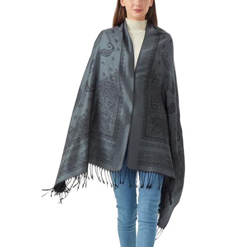 Reversible Paisley Pashmina Rave Scarf Shawl-Soft Silky Pashmina Wraps for Women Evening Dresses - color: E#. Style 5-dark Grey