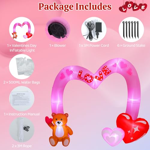 Lewondr 8FT Valentine's Day Inflatable Outdoor Decorations, Lovely Bear Pink Love Blow up Archway Romantic Yard Decoration with 8 Build-in Lights, Valentine's Inflatable Decor for Lawn Party Wedding - style: Archway