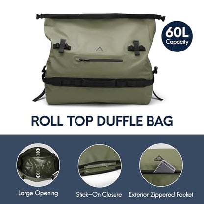 Haimont IPX7 Waterproof Roll-Top Dry Duffel Backpack | 60L/90L Sizes, 500D Tarpaulin, Welded Seams, Mesh Pockets, Boating & Kayaking - color: Army Green, size: 60L