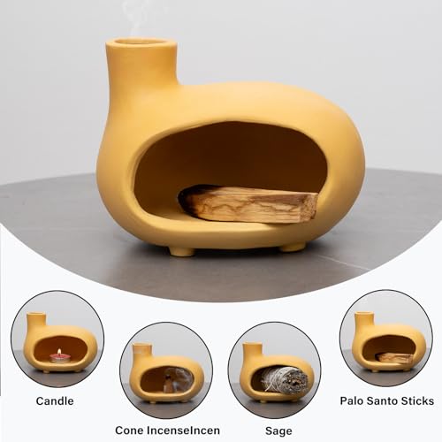 MOUGIGI Yellow Palo Santo Holder with Chimney–Mini Fireplace Incense Burner for Sage Burning, Wood Sticks, Cones&Tealights-Handcrafted Ceramic Smudge Bowl,Aromatic Incense Burner-Yoga Meditation Gift - color: Matte Clay -Yellow