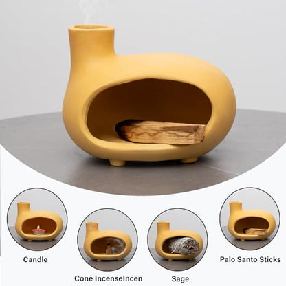MOUGIGI Yellow Palo Santo Holder with Chimney–Mini Fireplace Incense Burner for Sage Burning, Wood Sticks, Cones&Tealights-Handcrafted Ceramic Smudge Bowl,Aromatic Incense Burner-Yoga Meditation Gift - color: Matte Clay -Yellow