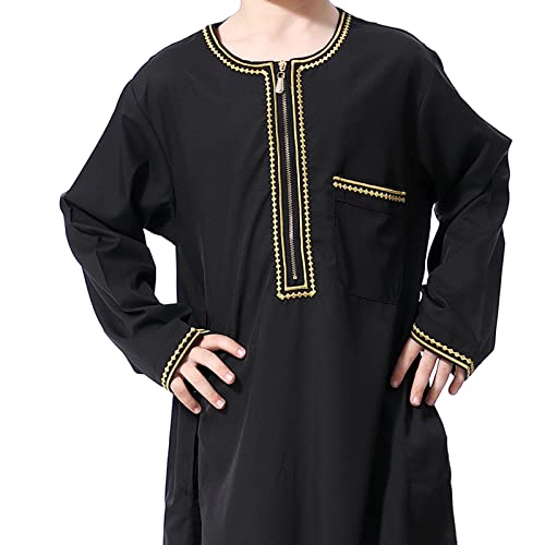 Boys Muslim Kaftan Islamic Thobe Kids Boys Muslim Dress Arabic Thobe Abaya Prayer Clothes Dubai Ramadan Eid Outfit - color: Black, size: 3-4T