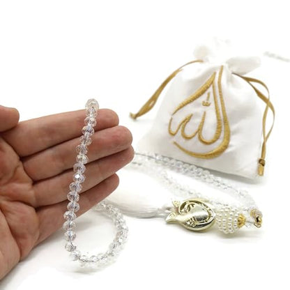 Muslim Tasbih 99 Rosary Beads with Pouch - Islamic Prayer Beads, Muslim Rosary Beads, Zikr Beads, Tasbeeh, Misbaha, Masbaha, Tespih, Bead Necklace for Women TS0206 - color: White