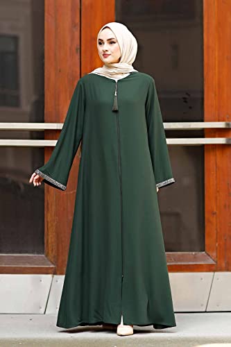 istanbul styles 여성용 스톤 슬리브 Abaya 긴소매 바닥 길이 지퍼 바닥 길이 터키 이슬람 패션 - color: 초록색., size: 3X-Large