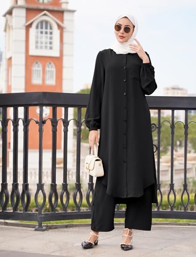 Women's Muslim 2 Pieces Sets Long Sleeve Button Down Shirt and Pants Abaya Casual Dress Dubai Outfits - color: Black, size: Large