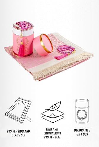 ihvan online Muslim Prayer Rug and Prayer Beads with Elegant Design Cylinder Gift Box, Janamaz, Soft Sajadah, Islamic Gifts Set, Portable Prayers Carpet Mat, Taffeta Fabric, Pink - color: Pink