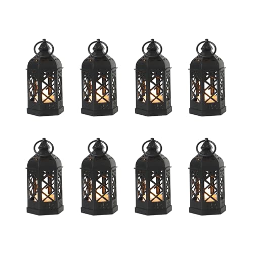8-Pack Mini Lanterns with Flickering LED Candles for Ramadan, Moroccan Decorative Hanging Lanterns for Halloween, Christmas, Wedding, Black Lantern for Table Centerpiece, Home & Party Decor - color: Black