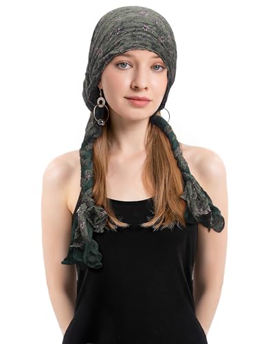 ZLYC Chemo Headwear Long Pre Tied Head Scarf Beanie for Women - color: Braid Flowers Dark Green