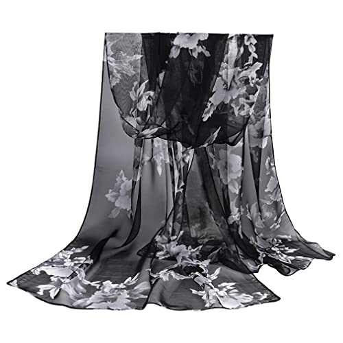E-Clover Women Soft Floral Print Shawl Chiffon Sheer Scarf - color: Black White Floral