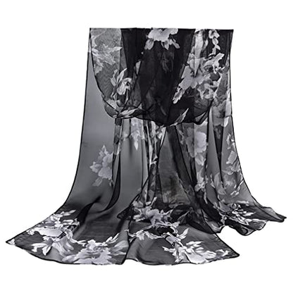 E-Clover Women Soft Floral Print Shawl Chiffon Sheer Scarf - color: Black White Floral