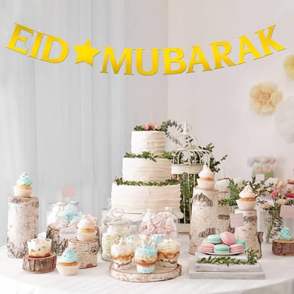 Eid Mubarak Banner - Moon Ramadan Kareem Party Decor - Baby Shower - Perfect Eid Gifts - Islamic Muslim Party Supplies - Mirror Gold