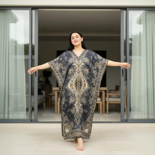 Women's Kaftan Dress – Loose Fit Maxi Gown – Kimono Style Beach Cover Up – Elegant Resort Wear and Nightwear - color: Grey