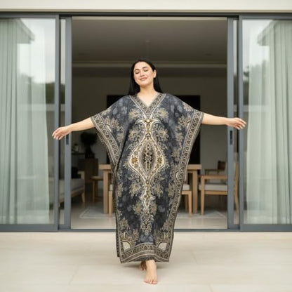 Women's Kaftan Dress – Loose Fit Maxi Gown – Kimono Style Beach Cover Up – Elegant Resort Wear and Nightwear - color: Grey