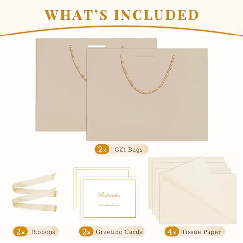 ANZNKU 2PCS Gift Bags Medium with Handles 4 Tissue Paper 2 Ribbons 2 Cards, Gift Wrap Bags for Women Wedding Bridal Baby Shower Birthday Graduation Engagement Presents Party Favors (Champagne Beige) - color: Champagne Beige