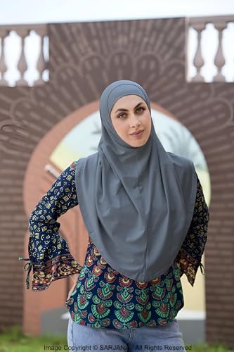 SARJANA Women's Solid Color Cotton Hijab with Under Scarf Cap Ready to Wear Stretch Scarves Long Scarfs FREE SIZE - color: Grey