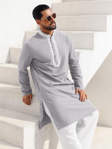 Runcati Mens Kaftan Thobe Cotton Henley Shirt Long Sleeve Embroidery Robe Casual Kurta Muslim Gown Shirt - color: Grey, size: Large