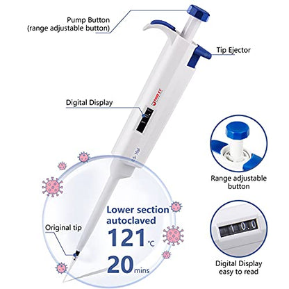 FOUR E'S SCIENTIFIC 0.5-10μL Pipette, Adjustable Volume Micropipette | Single-Channel Pipettor, Ergonomic Design, Precise Volume Dial - size: 02 (0.5-10uL)