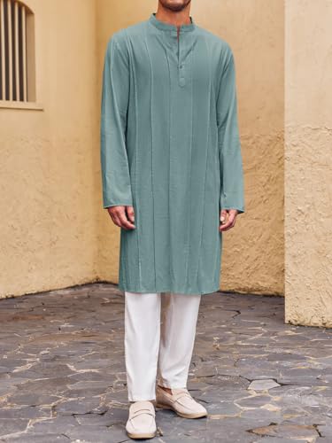 Runcati Mens Kaftan Thobe Button Down Henley Shirts Robe Long Sleeve Casual Cotton Pleated Muslim Gown Shirt - color: Bluish Gray, size: XX-Large
