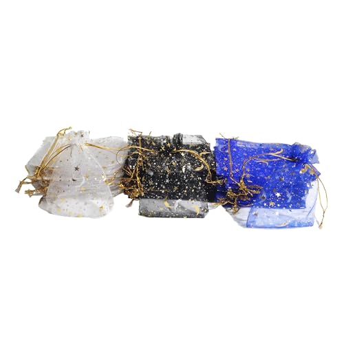60 Pieces Moon Star Organza Jewelry Candy Bags, 3.5”X 4.7” 3 Colors Little Mesh Candy Gift Bags, Organza Favor Gift Pouches with Drawstrings for Weddings Parties Valentine's Day (Black+white+blue) - color: Black + white + royal blue
