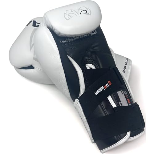 RIVAL Boxing RFX-Guerrero-V Bag Gloves, Multi-Layered Inner Foam Padding (HDEF), Premium Leather, Wrist Lock 2 System - color: White/Black, size: 8 oz.