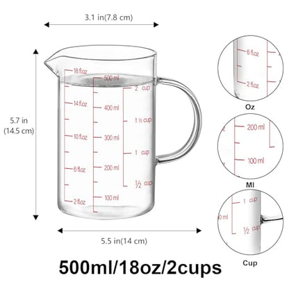 Luvan 18OZ/500ML Glass Measuring Cup, 2 Cup Glass Measuring Cups With 3 Scales (Ml/Oz/Cup), High Borosilicate Measuring Cup With Handle and V-Shaped Spout, Dishwasher/Freezer/Microwave Safe - color: 18Oz/2Cups/0.5L