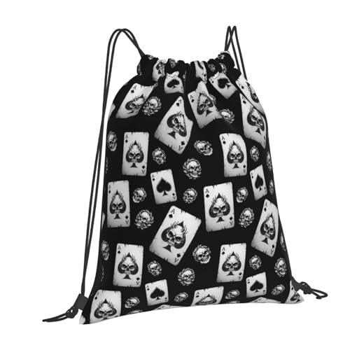 Unisex Polyester Gym Sack, Poker Skull Hearts Card Black, Drawstring Sackpack for Soccer Basketball Ball Storage - color: Pattern (358)