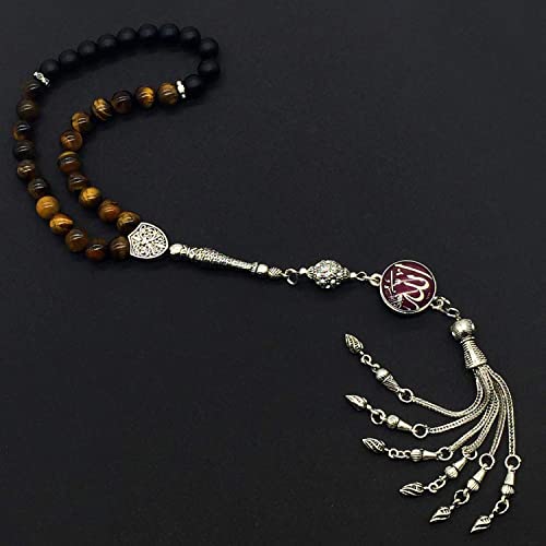 Tiger Eye Prayer Beads, Natural Stone Misbaha Tasbih for Men & Women, Meditation Beads, Healing Stone, Islamic Gift, Handmade Gemstone Mala - color: Model 1 - Red Allah Snap Button