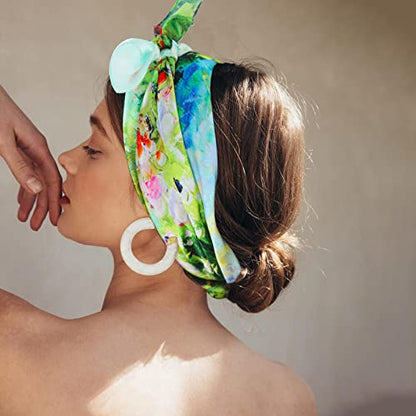 100% Mulberry Silk Scarf-Printed or Solid Color 35” Square Large Silk Hair Head Wrap Scarf With Gift Box Package - color: F Pattern: Beautiful Natural Scenery