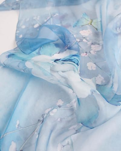 100% Mulberry Silk Scarf for Women, 69'' x 43'' Lightweight Large Silk Chiffon Shawl Wraps Floral Neck Scarf Gift - color: Blue Rose