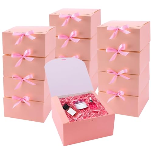 WLUSEAXI 12-Pack Gift Boxes with Lids, Pink with Bow Ribbon, Bridesmaid Proposal Box for Wedding, Christmas, Halloween, Baby Shower - color: Pink