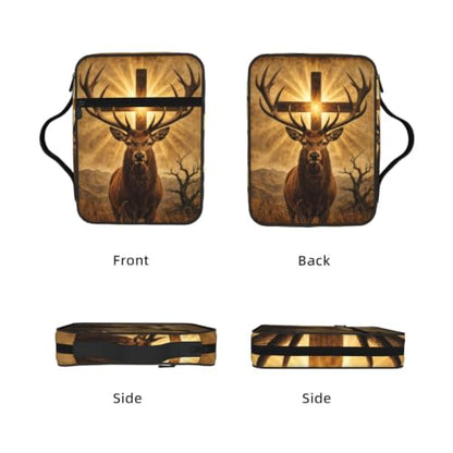 Cross Hunting Deer Bible Cover Case with Handle and Zippered Pocket - color: Cross Hunting Deer