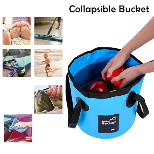 3 Pcs 20L (5-Gallon) Collapsible Bucket Set – Portable Foldable Water Container with Handle for Camping, Hiking, Fishing, Car Washing (Black, Orange, Blue)