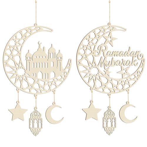 2 Pieces Eid Mubarak Door Sign Wooden Hanging Signs, Ramadan Kareem Hollow Ornament Decorations Moon and Stars, Moon Shape Ramadan Mubarak Party Wood Wall Hanger for Islamic Muslim Home Decor - color: White House