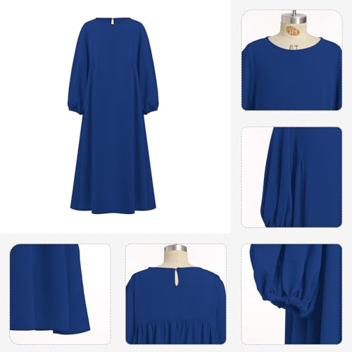 Kids Girls Muslim Abaya Long Lantern Sleeve Robe Maxi Dress Dubai Islamic Pleated Prayer Dress Full Cover Kaftan Casual - color: Royal Blue (Hijab), size: 5-6 Years