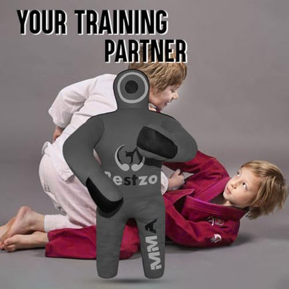 Bestzo Kids MMA Grappling Dummy - Unfilled Canvas Wrestling & BJJ Training Partner for Karate, Judo & Boxing (48-Inch) - color: Black Gray
