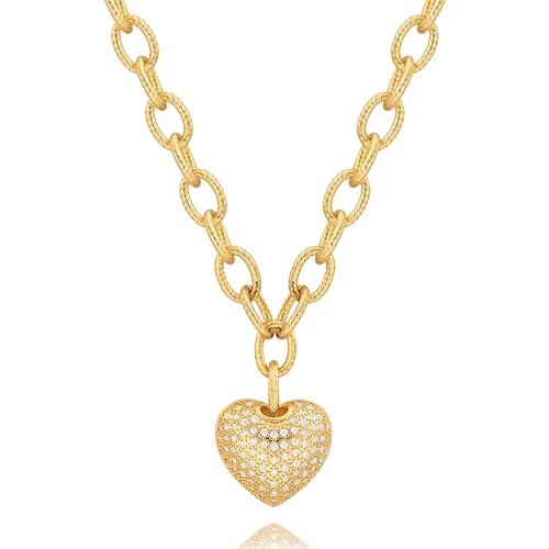 POTESSA 18K Gold Plated Pendant Necklace Medallion Coin Heart Y Shaped Chain Toggle Necklace for Women Jewelry - color: Gold Zircon Hollow Heart