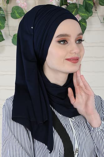 Aisha's Design Instant Hijab Scarves for Women, 95% Cotton Pretied Bonnet Turban Easy to Wear Cotton Headscarf - color: Navy Blue