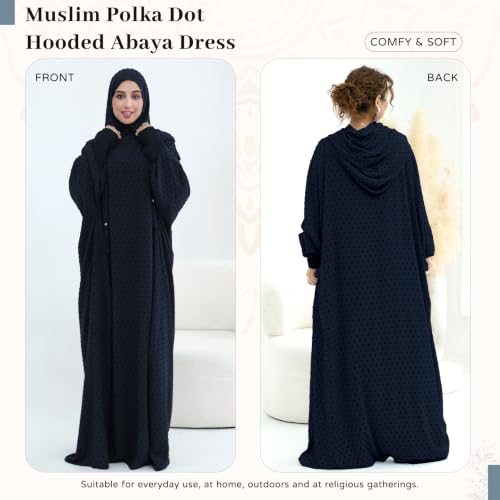 Polka Dot Abaya| Hooded Abaya for Muslim Women| 1pc Hoody Dress| Maxi Dress - color: Dark Blue, size: Size 2