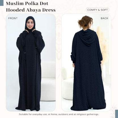 Polka Dot Abaya| Hooded Abaya for Muslim Women| 1pc Hoody Dress| Maxi Dress - color: Dark Blue, size: Size 2
