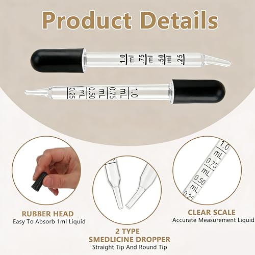 20Pcs Eye Dropper,1ML Droppers for Oils and Liquids and 2Pcs Cleaning Tools | These 20 Glass Droppers Include 10 Straight-tip and 10 Bent-tip Ones
