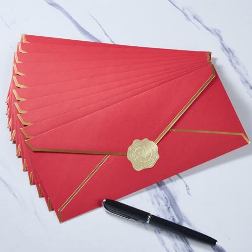 100 Pack #10 Business Envelopes with Gold Stickers, Red - color: Red